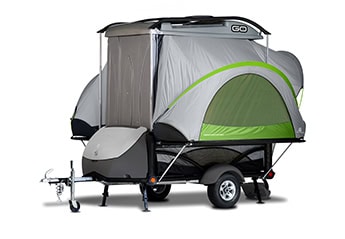 Compact SylvanSport GO camping trailer with tent and storage for outdoor adventures.