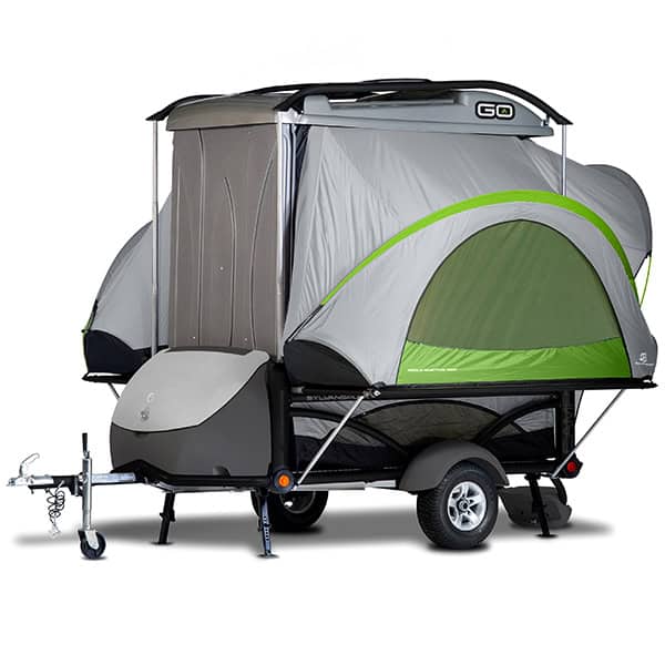 Compact SylvanSport GO pop-up camper with tent extension for outdoor adventures.