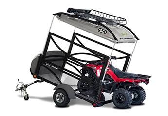 Compact GO camping trailer with gear storage and ATV transport.