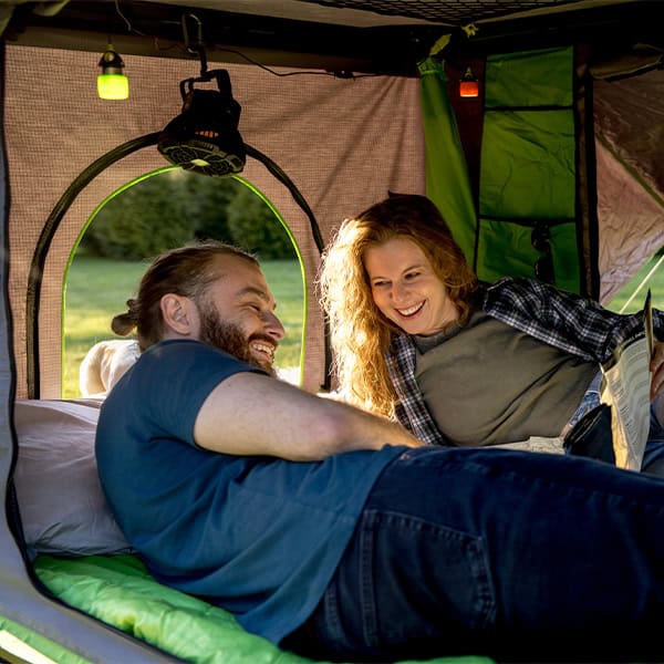 Rechargeable camping fan with LED light for outdoor adventures. Perfect for SylvanSport campers, off.