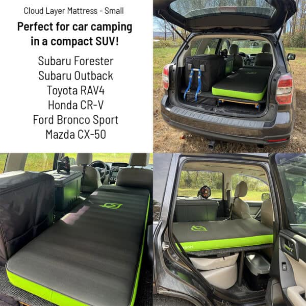 Versatile self-inflating mattress for car camping in SUVs like Subaru Forester, Toyota RAV4, Honda C.