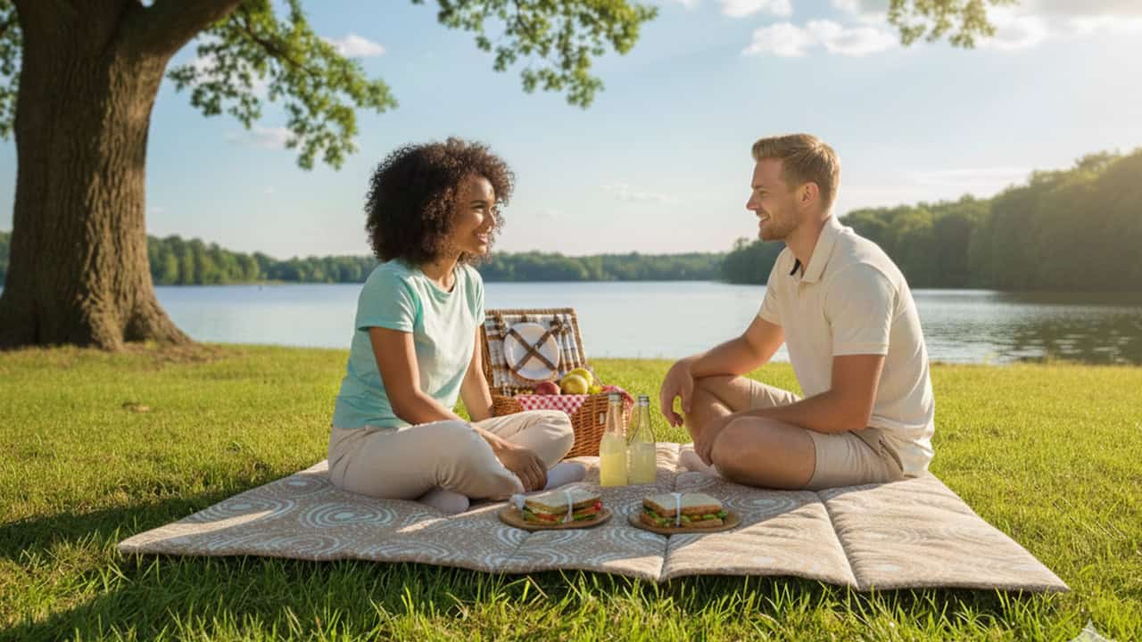 Two people enjoying a picnic on a Cloud Layer blanket by the lake.