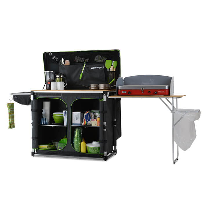 camp kitchen filled with cooking products