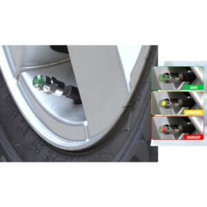 Tire valve caps with color indicators for safety, warning, and danger.