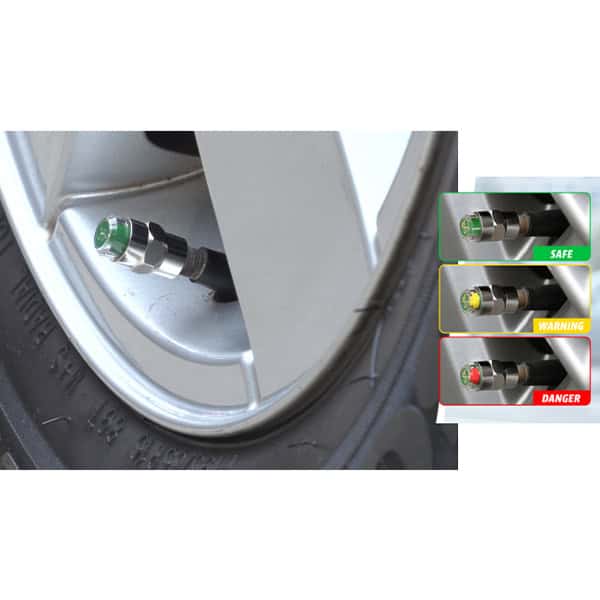 Tire valve caps with color indicators for safety, warning, and danger.