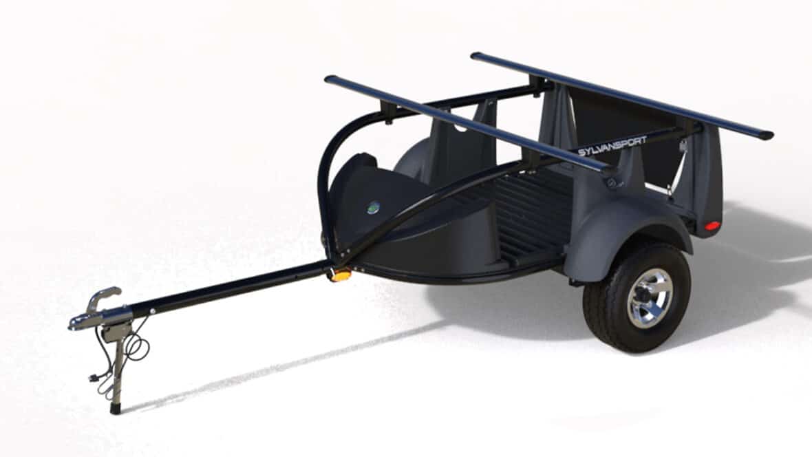 Compact SylvanSport GO EASY kayak trailer with black frame and single axle.