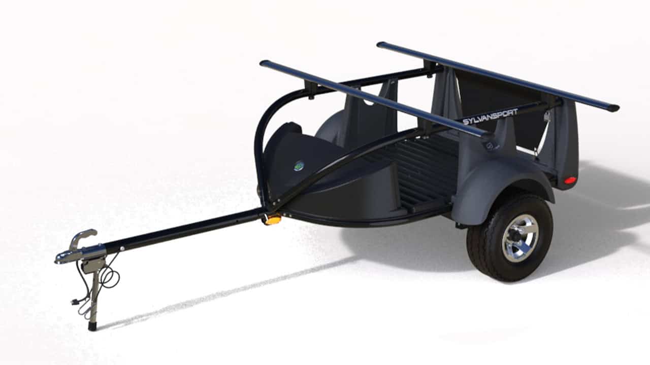Compact SylvanSport GO EASY kayak trailer with black frame and single axle.
