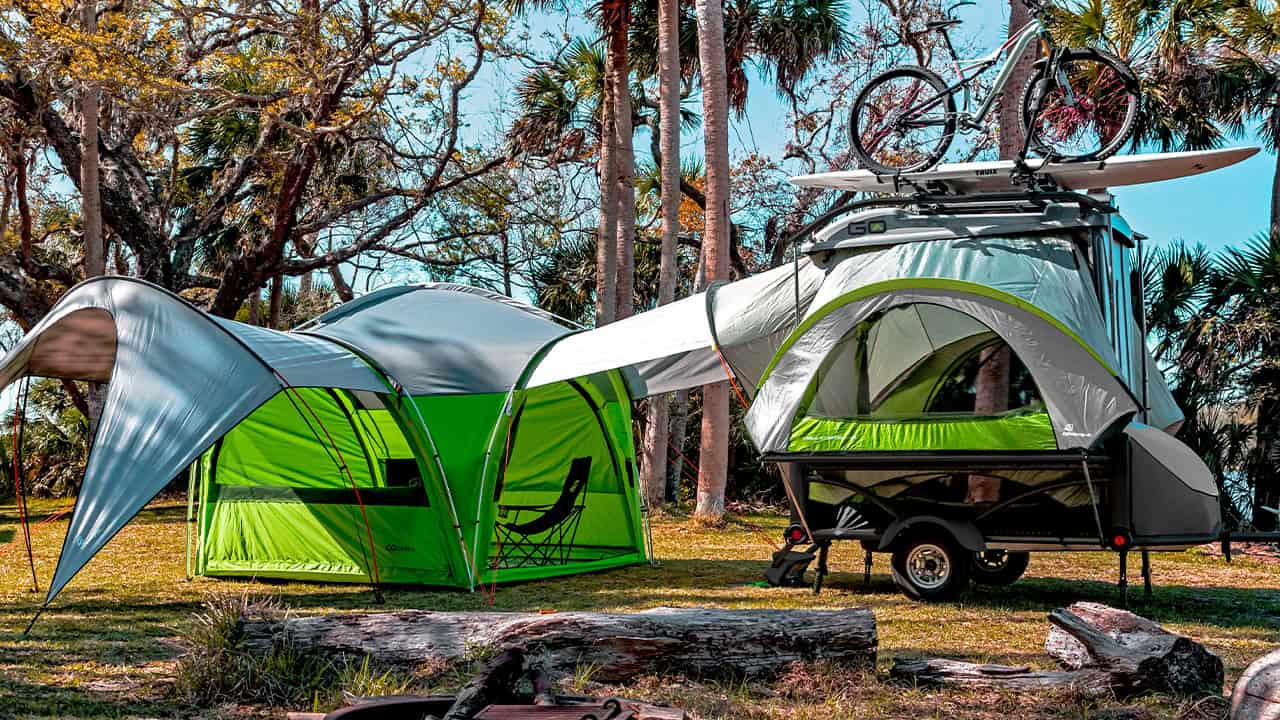 SylvanSport camping trailer with tent extension for outdoor adventures.