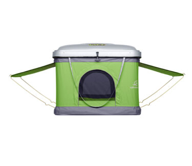Portable SylvanSport Optima camping tent with extended awnings.