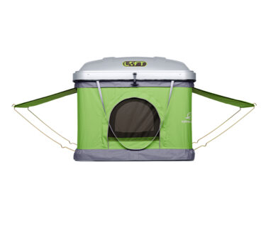 Compact green SylvanSport Loft tent with extended awnings for camping.