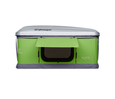 Compact green SylvanSport Optima tent trailer for outdoor adventures.